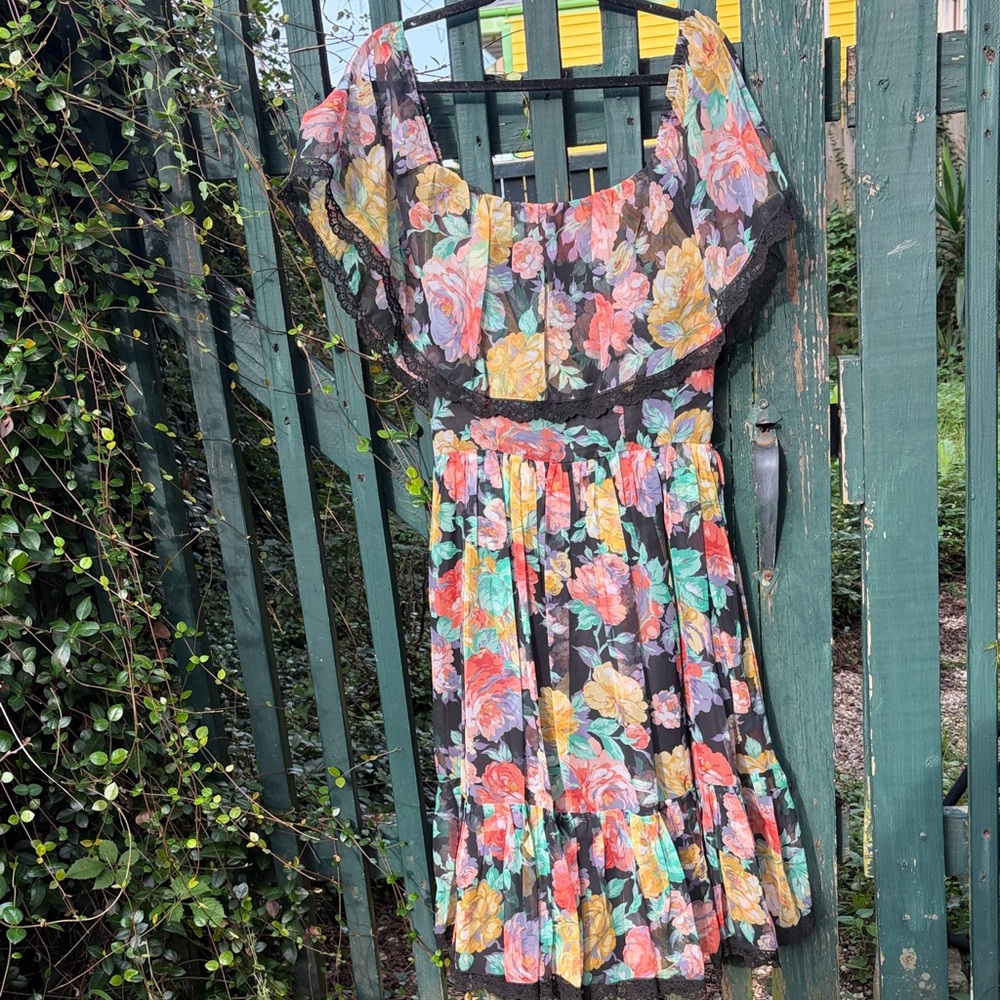 Vintage Victor Costa Black Floral off the shoulder Midi Dress with Lace Trim